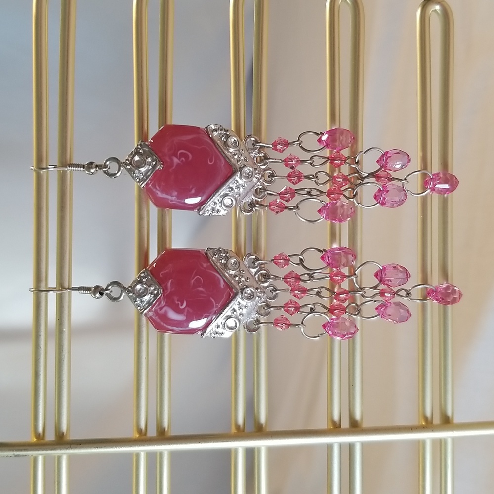 Large Pink & Silver Dangly Earrings